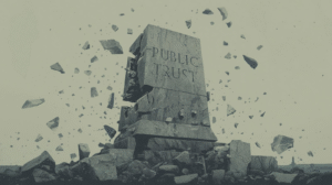 a Large Stone Monument Labeled "public Trust" is Dramatically Splintering, Its Fragments Flying Outward Against a Plain Background—a Powerful Visual of Public Trust Shattered.