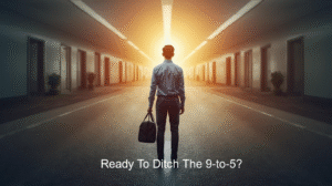 a Man with a Briefcase Stands in a Lit Hallway Facing a Bright Exit, with the Text "ready to Ditch the 9-to-5?" at the Bottom—perfect Inspiration for Anyone Launching Your Thing with Top Entrepreneur Tips.