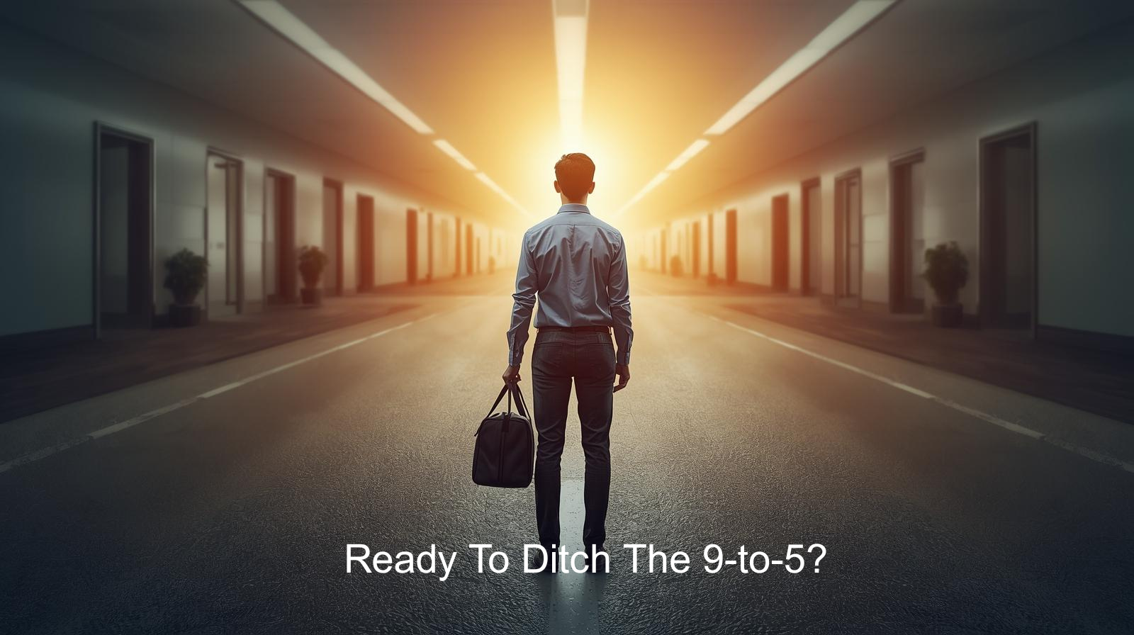 A man with a briefcase stands in a lit hallway facing a bright exit, with the text "Ready To Ditch The 9-to-5?" at the bottom—perfect inspiration for anyone launching your thing with top entrepreneur tips.