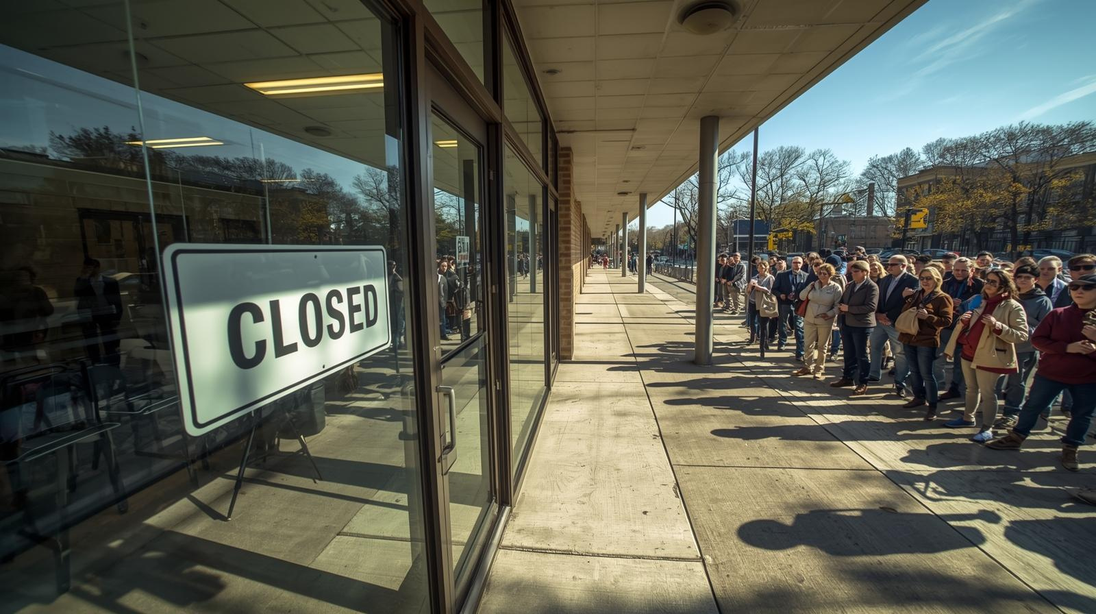 A group of people stands outside a building with a large "CLOSED" sign on the glass door, waiting on a sunny day—perhaps seeking survival tips during a government shutdown.