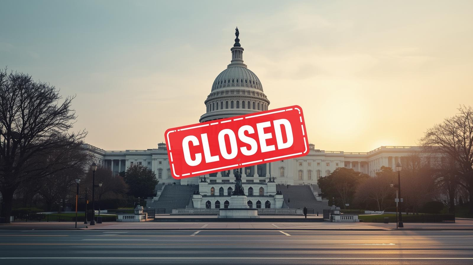 The US Capitol building with a large red “CLOSED” sign overlaid on the image, highlighting a government shutdown and prompting viewers to consider the reasons behind it.