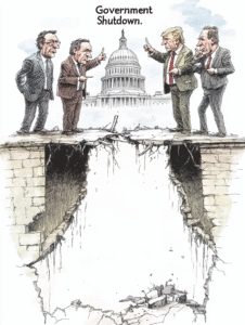 Four Politicians Argue Atop a Crumbling Bridge in Front of the U.s. Capitol, Symbolizing How Government Shutdowns Leave No Clear Winner and Fracture the Nation’s Foundation.