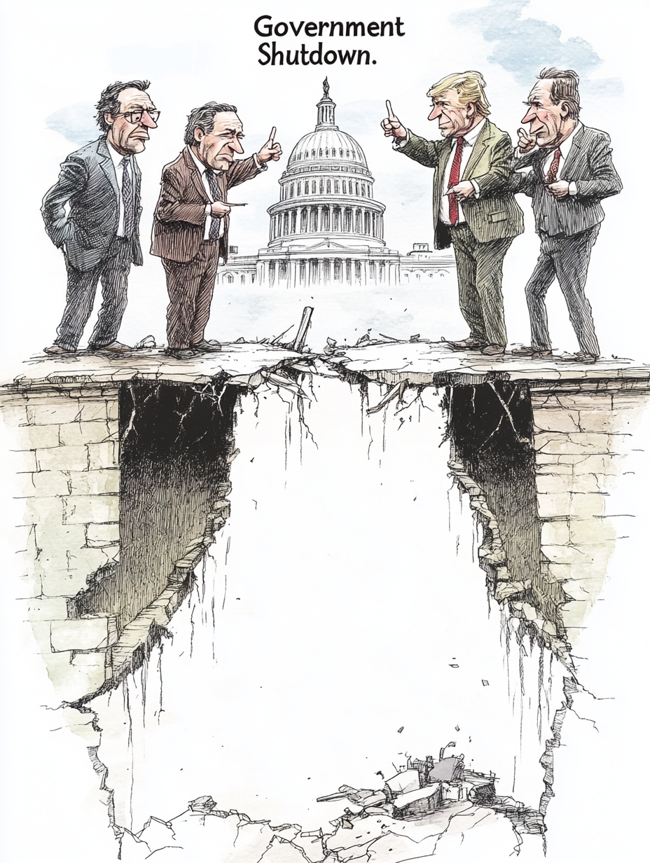 Four politicians argue atop a crumbling bridge in front of the U.S. Capitol, symbolizing how government shutdowns leave no clear winner and fracture the nation’s foundation.