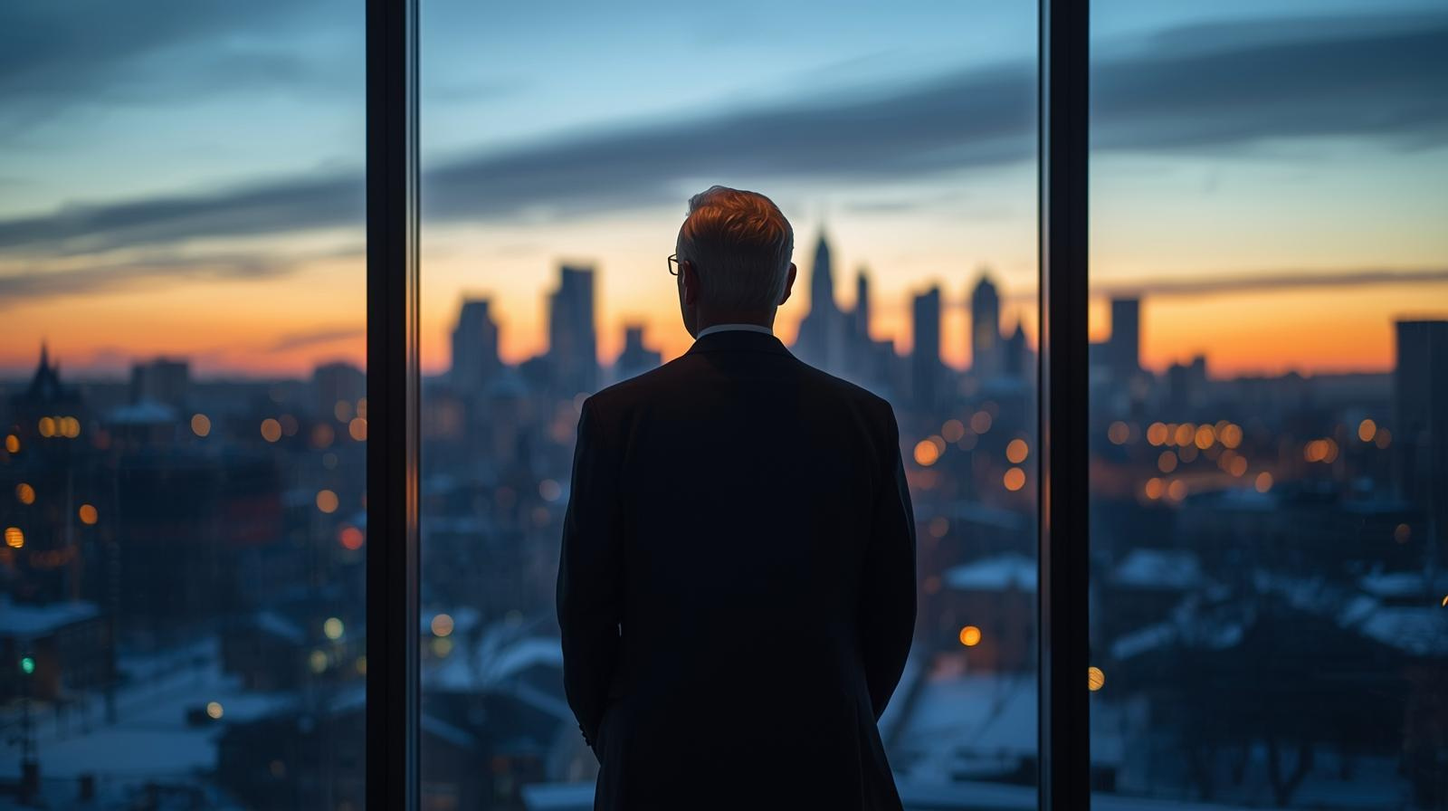 A man in a suit stands by a large window, looking out at a city skyline during sunset—a quiet moment of career reflection as city lights begin to twinkle in the distance.