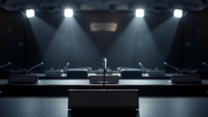 a Row of Empty Desks with Microphones is Illuminated by Overhead Spotlights in a Dimly Lit Conference or Press Room, Setting the Stage for Some Real Political Theater.