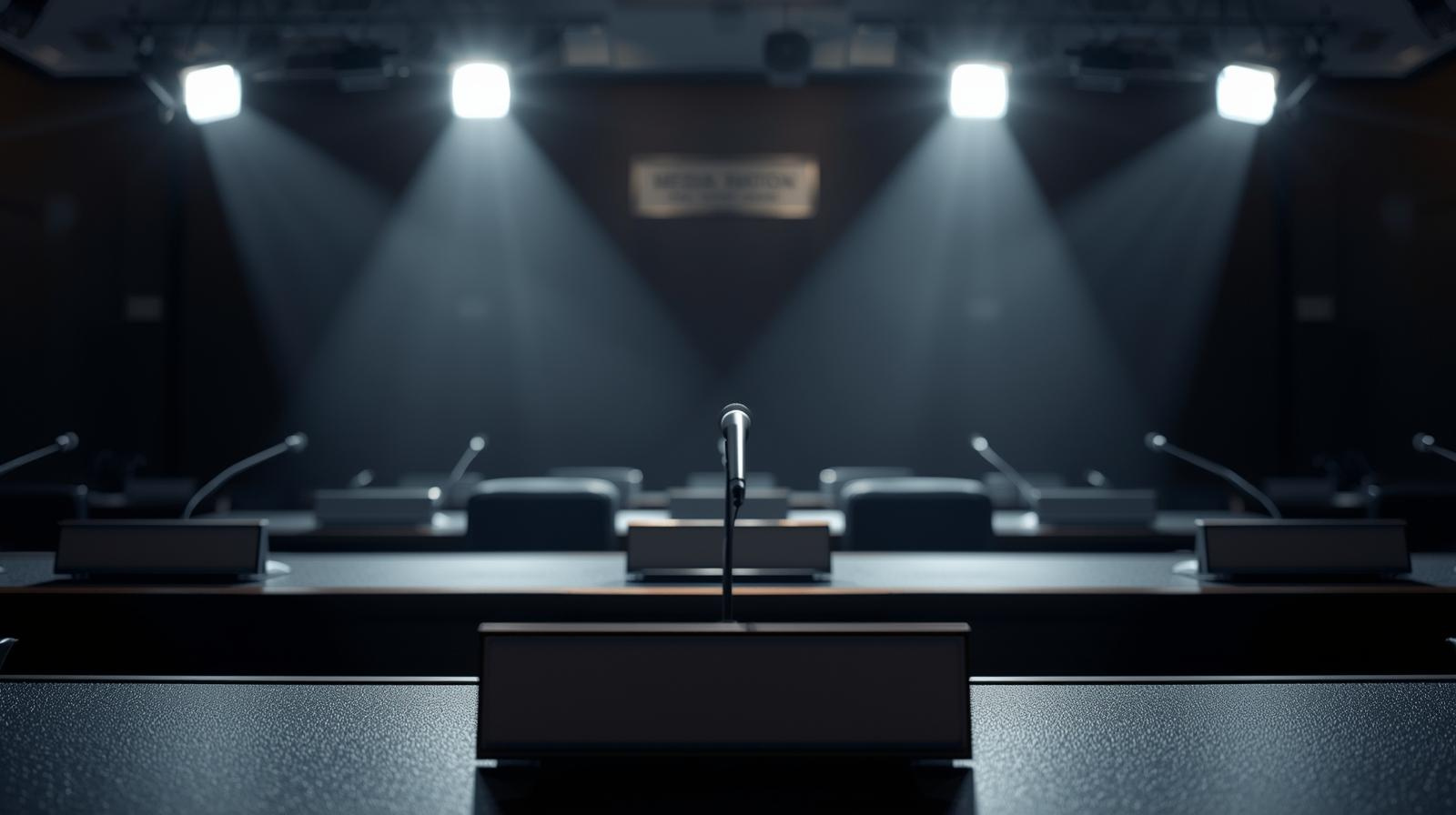 A row of empty desks with microphones is illuminated by overhead spotlights in a dimly lit conference or press room, setting the stage for some real Political Theater.