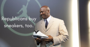 a Man in a Suit Holds a Sneaker in Front of a Jordan Brand Logo, Highlighting the Text “republicans Buy Sneakers, Too.” — a Nod to the Intersection of Politics and Business when It Comes to Protecting the Bottom Line.