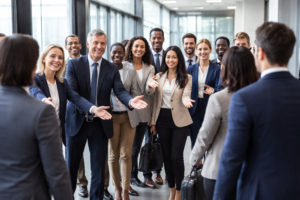 a Group of Professionally Dressed Business People Stand in a Hallway, Smiling and Extending Their Arms in a Welcoming Gesture Toward Two Individuals Entering, Reflecting a Spirit of Teaming and Collaboration.