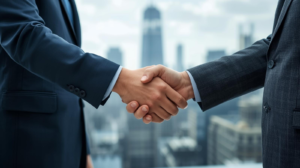 Two People in Business Suits Shake Hands in an Office Setting, Taking a Clear Approach to Business with a Cityscape Visible Through the Window in the Background.
