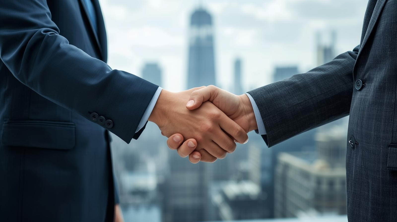 Two people in business suits shake hands in an office setting, taking a clear approach to business with a cityscape visible through the window in the background.