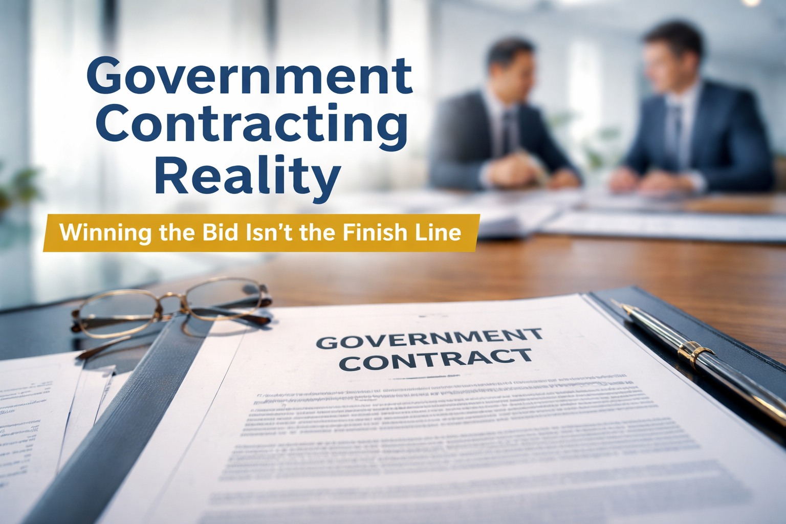 Close-up of a government contract document on a desk, with two people in suits talking in the background and text about government contracting and effective contract management.
