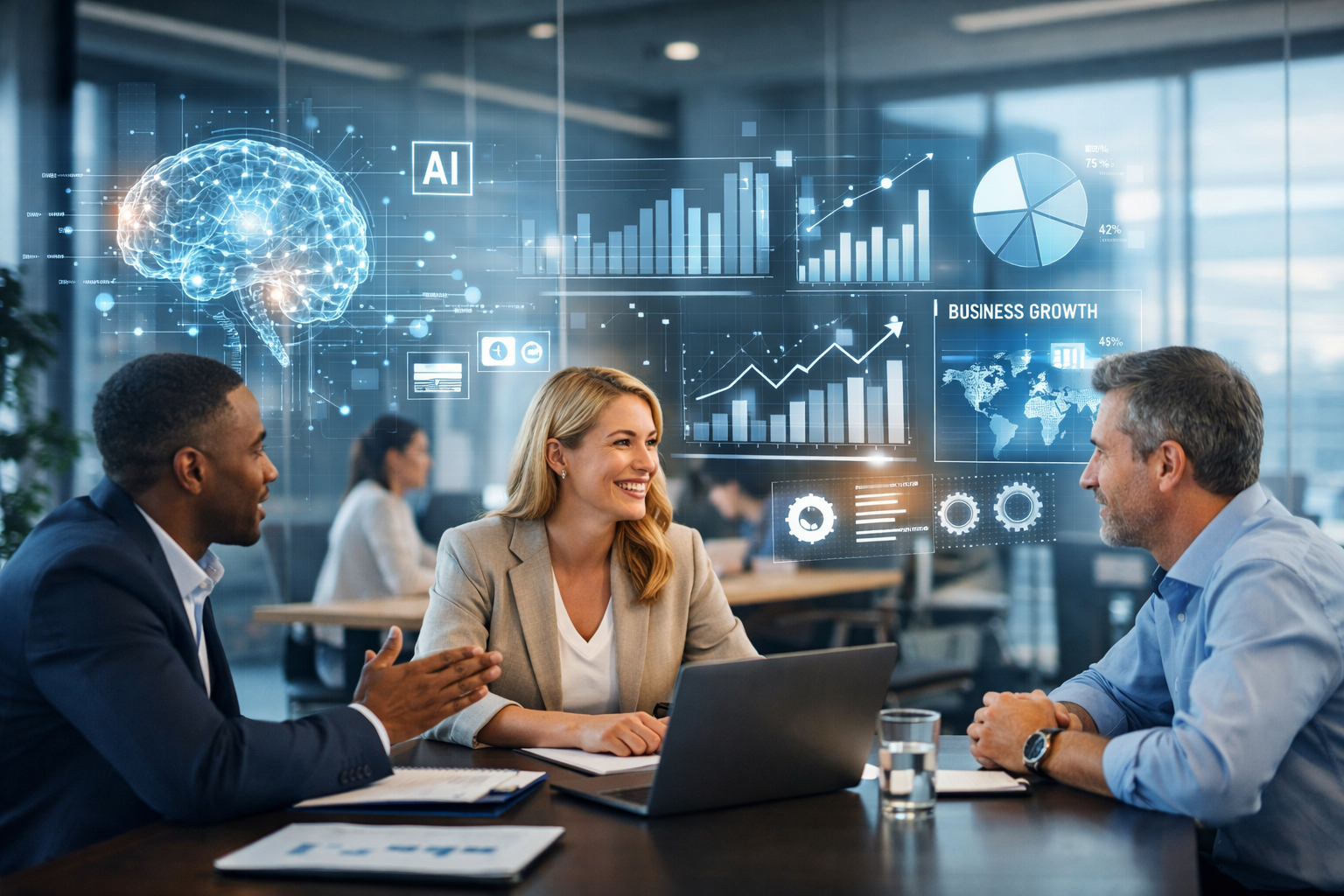 Three business professionals meet at a table with a laptop, discussing business opportunities and Artificial Intelligence concepts shown as digital charts and graphs overlaid in the office background.