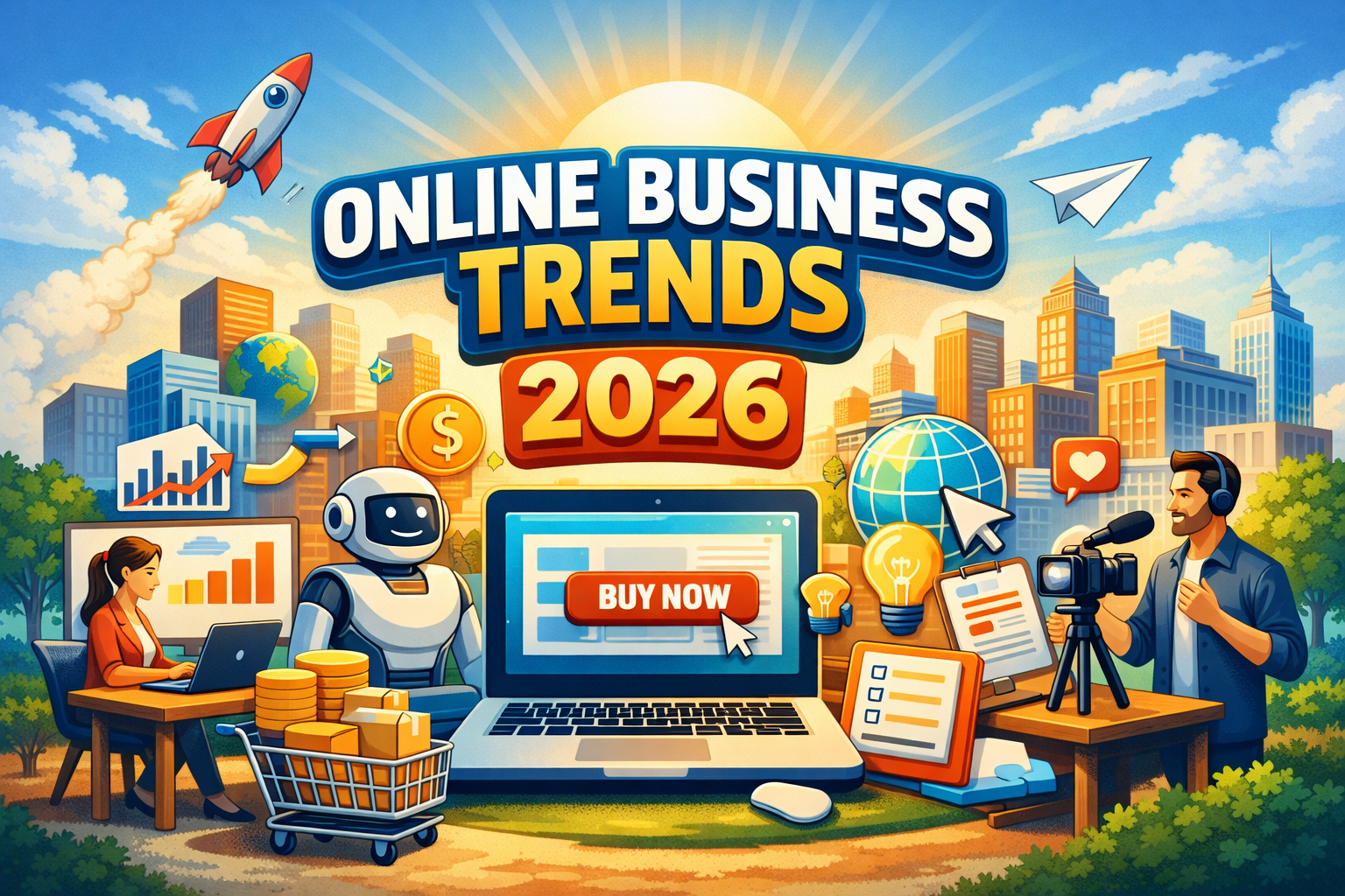 Illustration of "Online Business Trends 2026" with cityscape, laptop, robot, and business icons. People work on digital content and video, highlighting how new businesses thrive online. A "Buy Now" button is displayed on the screen.
