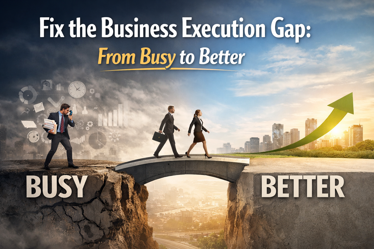 Three businesspeople cross a bridge from a chaotic “BUSY” side to a bright “BETTER” side, illustrating how closing the Business Execution Gap drives improved business execution.