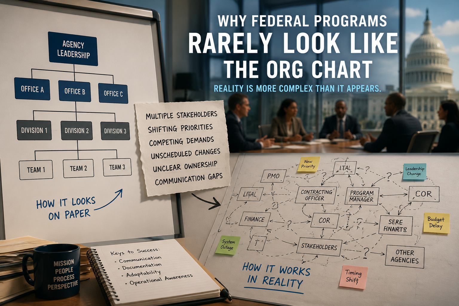 A conference room with an org chart on a whiteboard labeled "How it looks on paper" and a complex flow diagram labeled "How it works in reality," highlighting the organizational structure of federal programs.