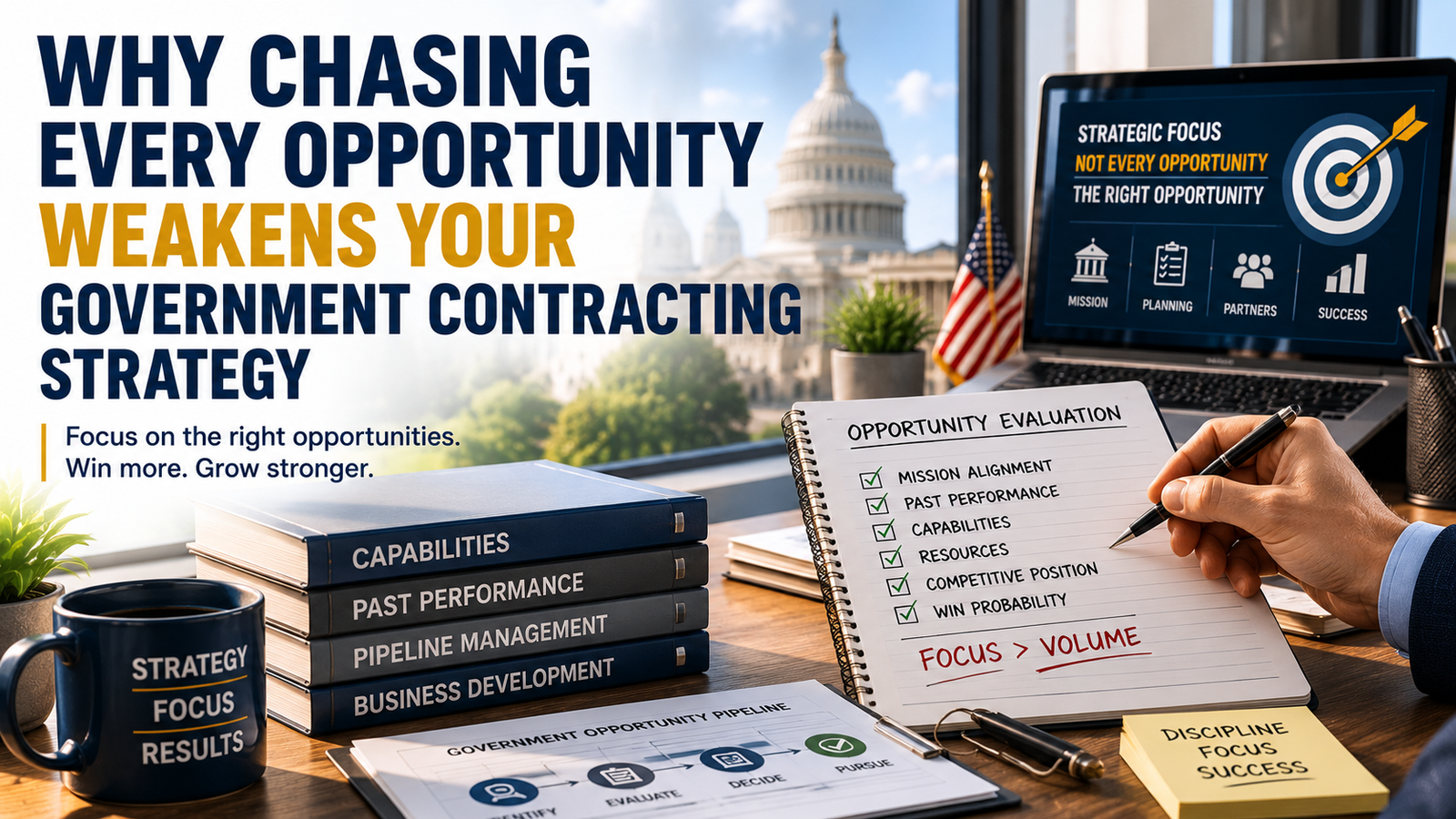 A desk with government contracting books, a checklist, and a laptop displaying a GovCon Strategy message; the U.S. Capitol is visible outside the window, highlighting tips for writing profitable RFP responses.