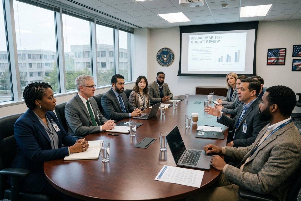 a Group of Professionals in Business Attire Sit Around a Conference Table in a Meeting Room, Discussing a Fiscal Year 2025 Budget Review Displayed on a Screen, with a Focus on Government Contracting Strategies and People-first Business Values.