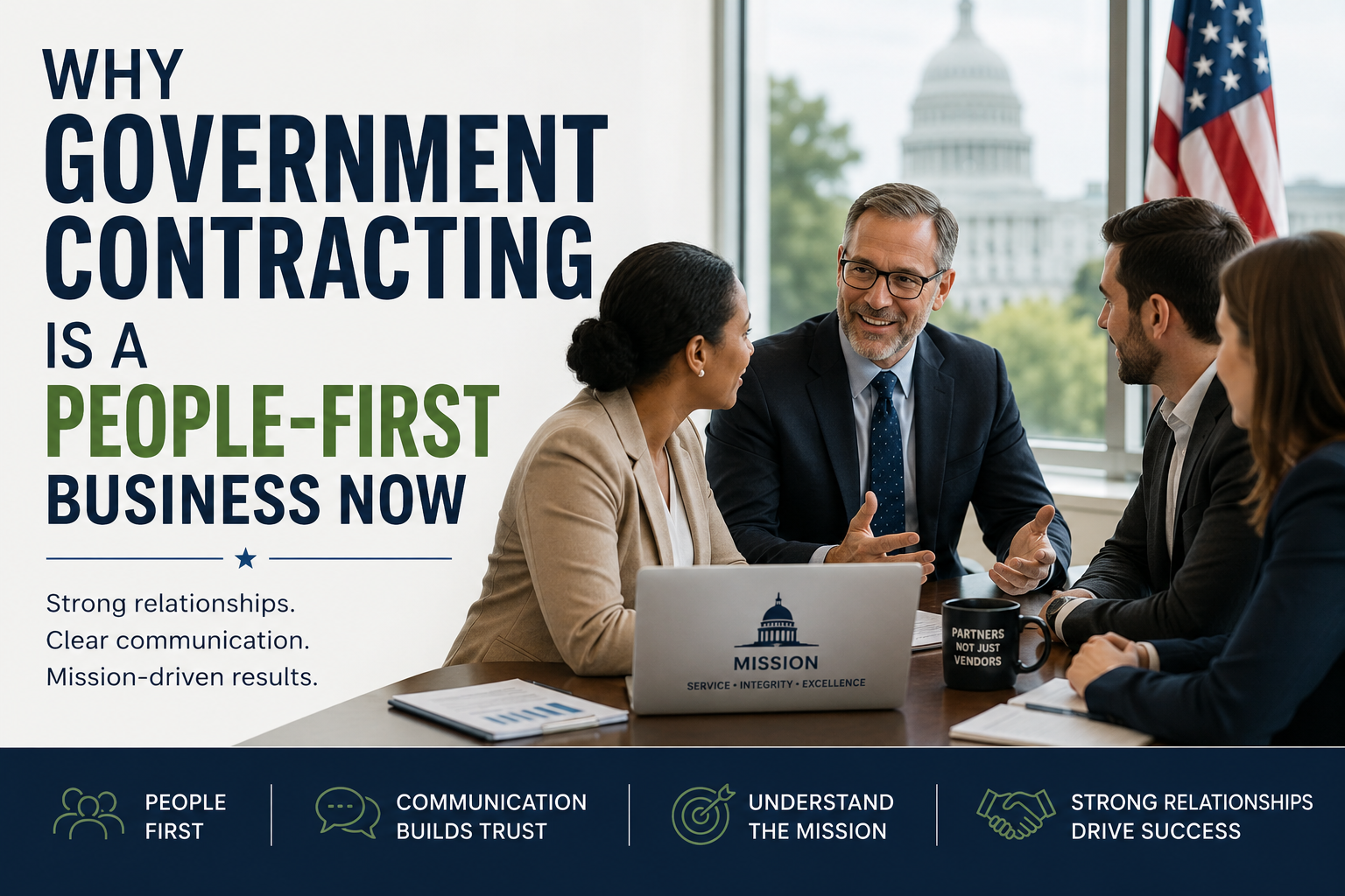 Four business professionals in a meeting, discussing government contracting, with the U.S. Capitol visible outside the window; key themes include a people-first business approach, communication, and trust.