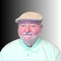 An older man with a gray beard, wearing a beige flat cap and a light green collared shirt, smiles in front of a black-to-white gradient background.